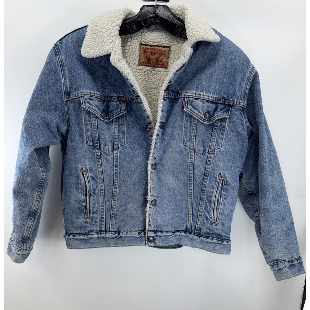 Levis Sherpa Lined Denim Trucker Jacket Mens Medium Blue Jean Coat Vintage Style